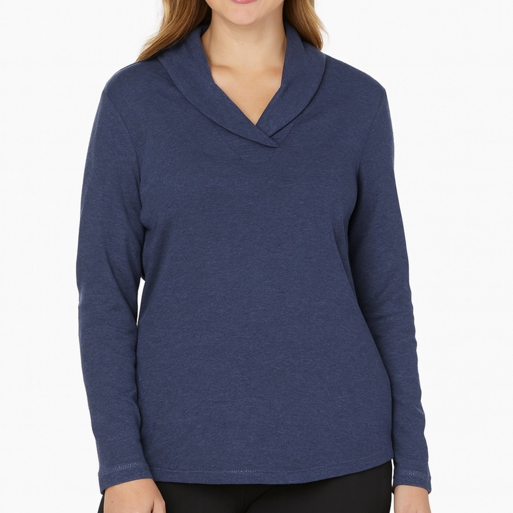 Karen Scott Navy Shawl Collar Top | Soft Knit Long Sleeve | Size M